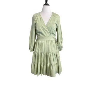 Gianni Bini Spring Sage Green Wrap V Neck Dress Long Sleeve Cotton EUC Large